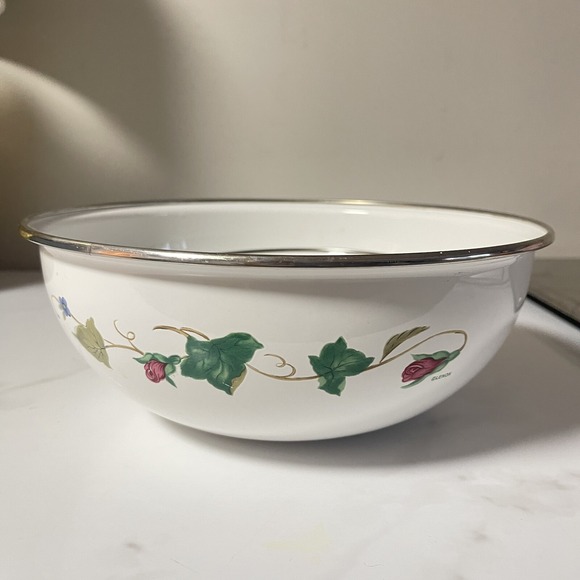 Vintage LENOX Rose Manor Green Ivy White Metal Enamelware 6" 10" Mixing Bowl Set - Picture 3 of 8